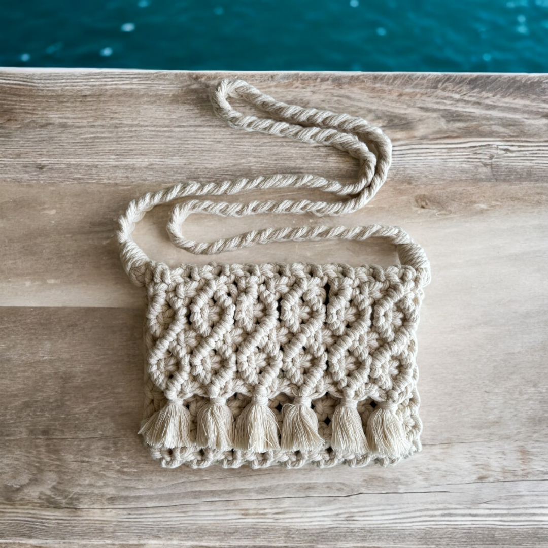 Handcrafted Ivory MACRAME HAT and CrossOver BAG with order cell phone pocket