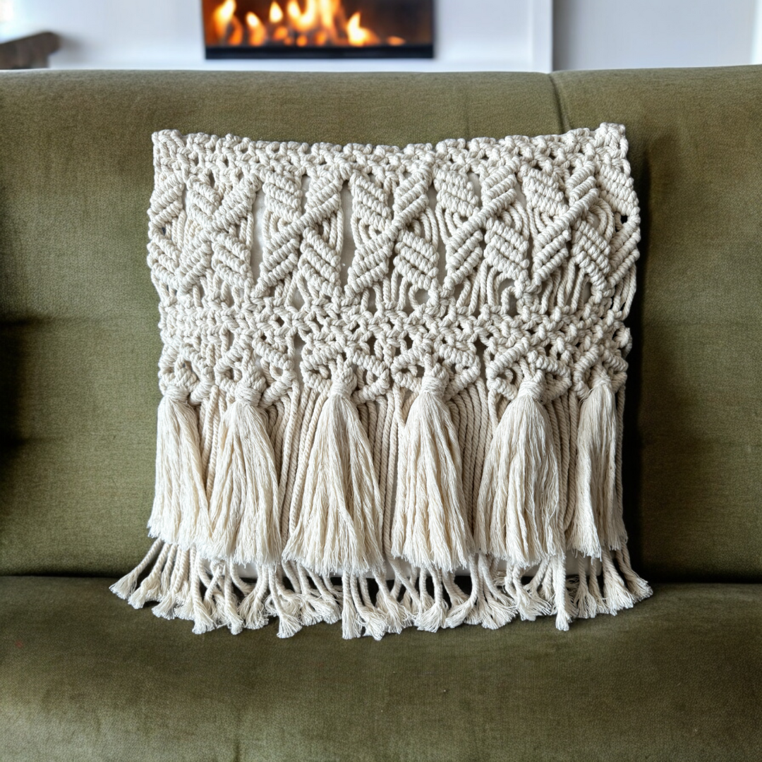 Handmade Macrame Cushion Cover – Natural & Eco-Friendly Boho Decor (40x40 cm)