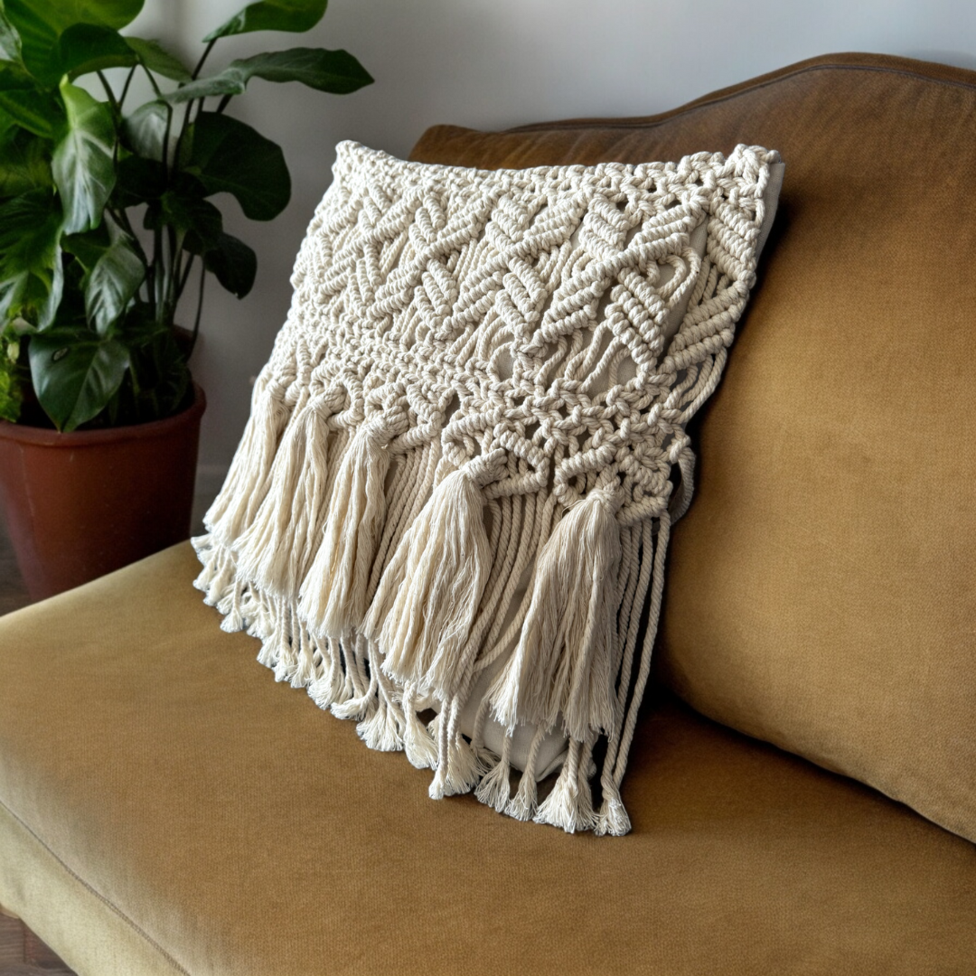 Handmade Macrame Cushion Cover – Natural & Eco-Friendly Boho Decor (40x40 cm)